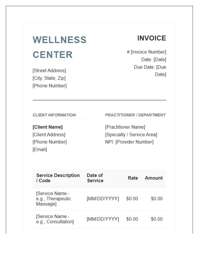 Professional Wellness Center Billing Invoice Template
