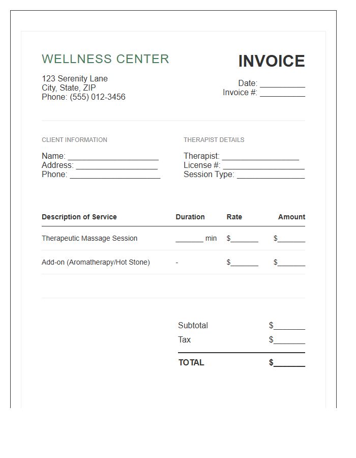 Wellness Center Therapeutic Massage Invoice Template