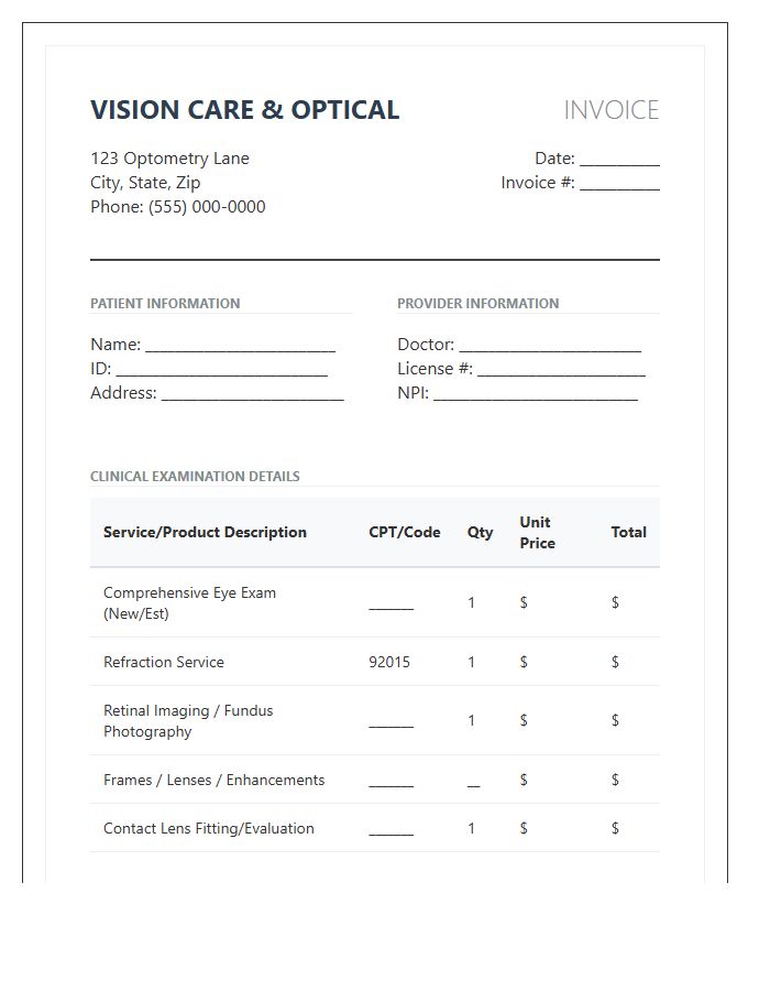Comprehensive Vision Care Examination Invoice Template