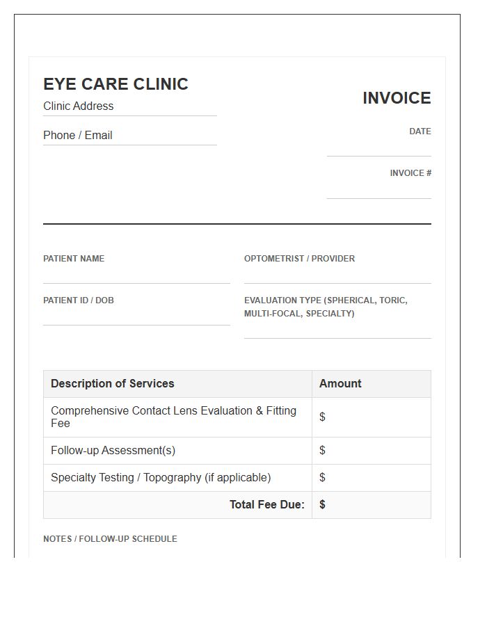 Contact Lens Evaluation Fee Invoice Template