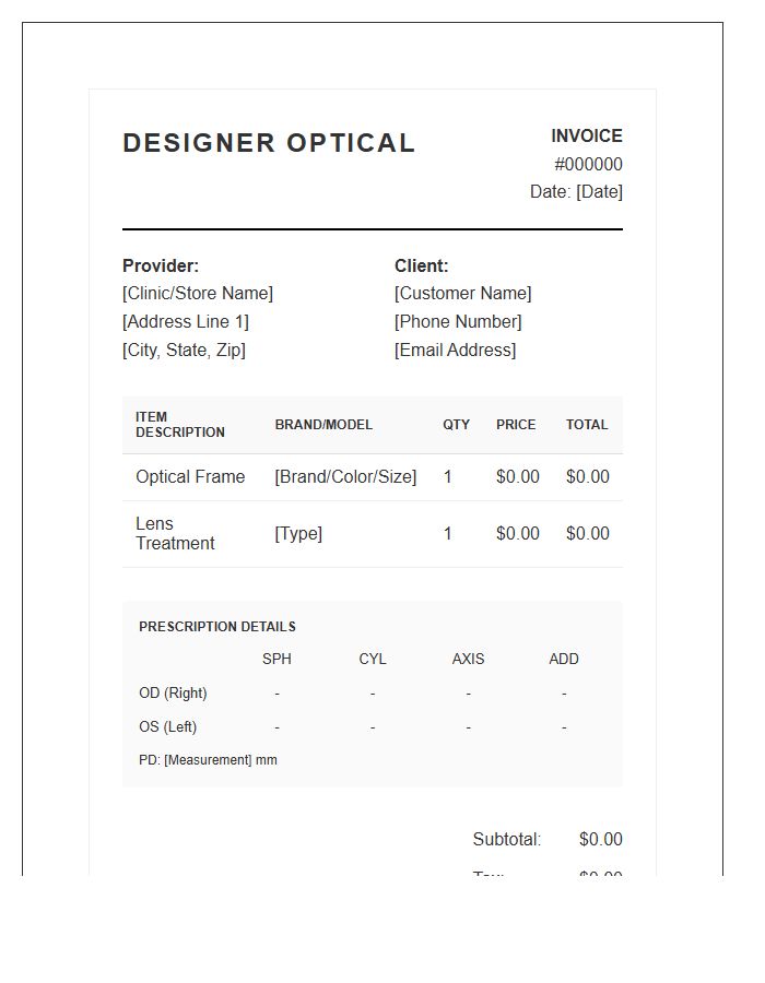 Designer Optical Frame Purchase Invoice Template