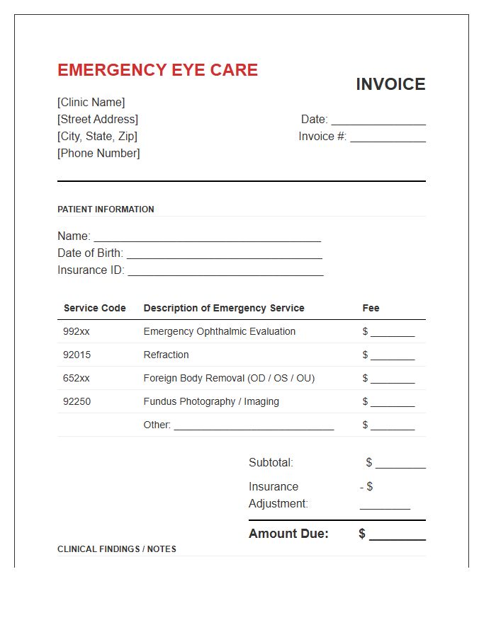 Emergency Optometric Visit Invoice Template