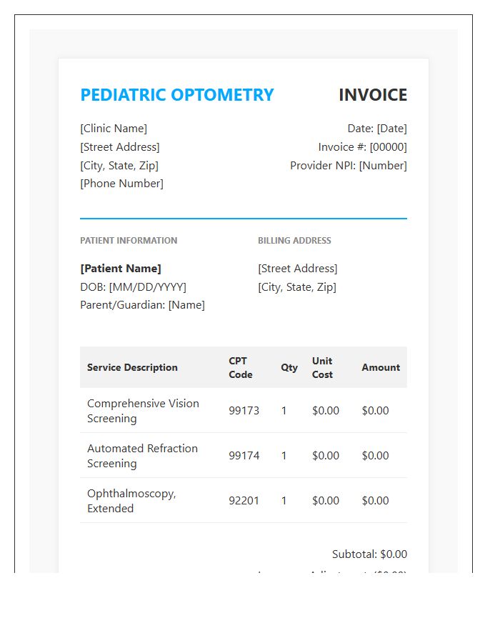 Pediatric Optometry Screening Invoice Template