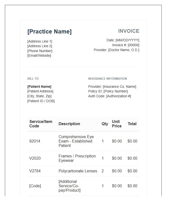 Private Optometry Practice Patient Invoice Template