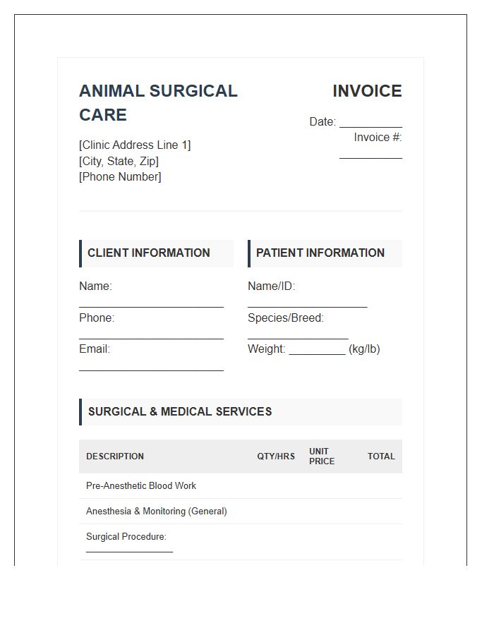Comprehensive Animal Surgical Care Invoice Template