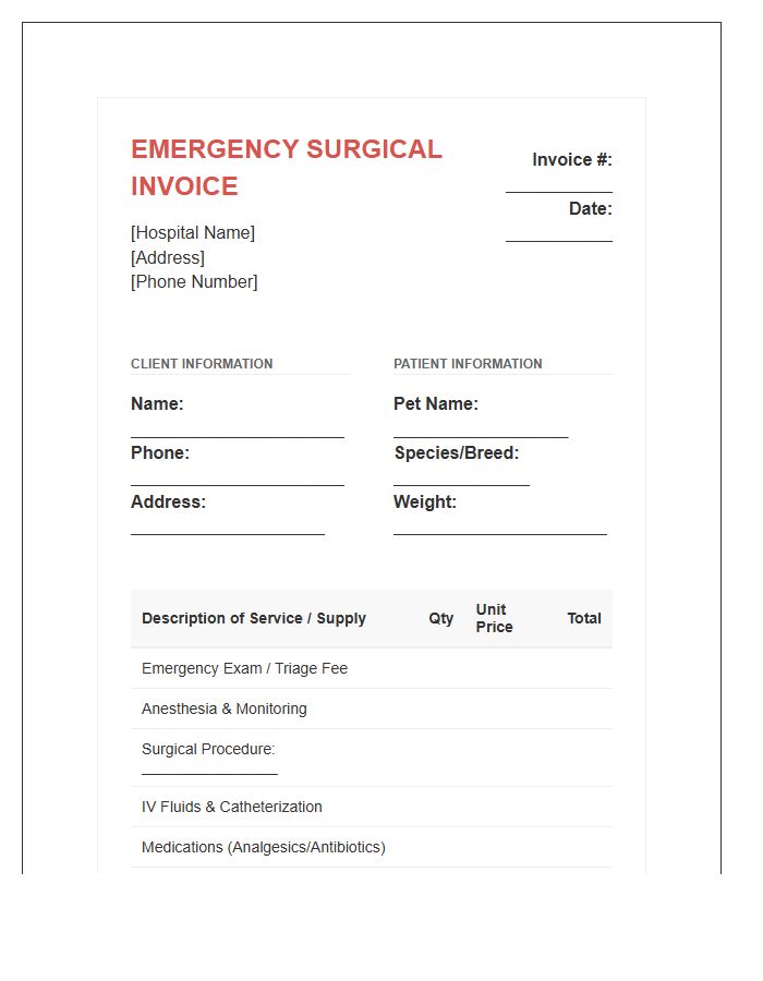 Emergency Veterinary Surgical Procedure Invoice Template