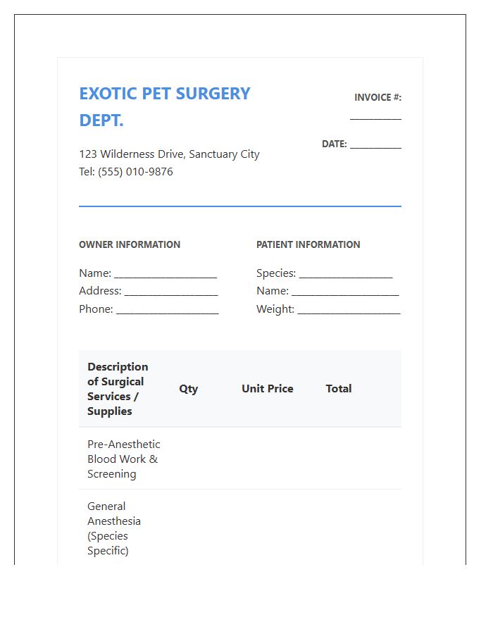 Exotic Pet Surgery Department Invoice Template