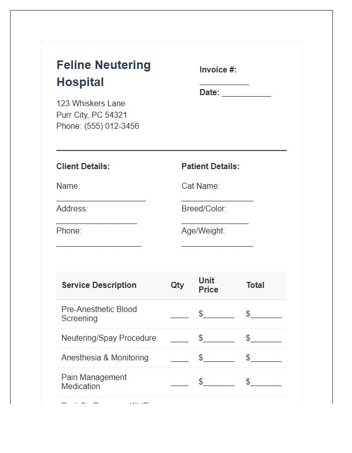 Feline Neutering Hospital Invoice Template