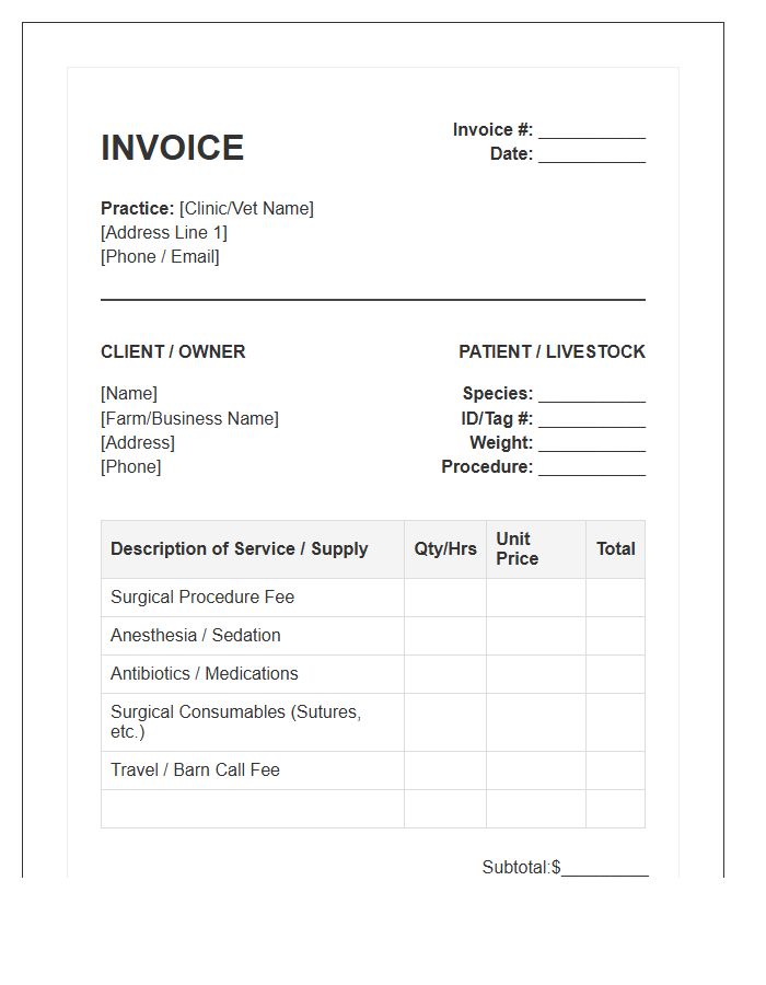Livestock Surgical Treatment Invoice Template
