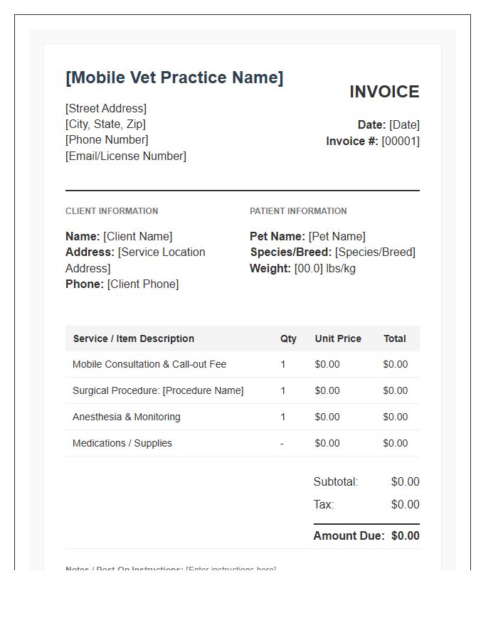 Mobile Veterinary Surgeon Billing Invoice Template