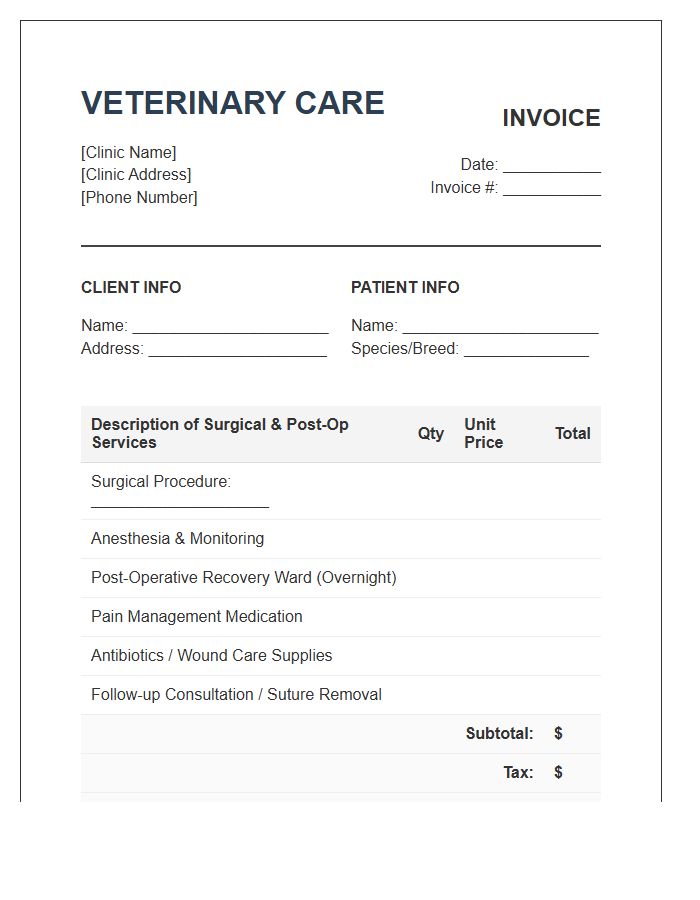 Post Operative Veterinary Care Invoice Template
