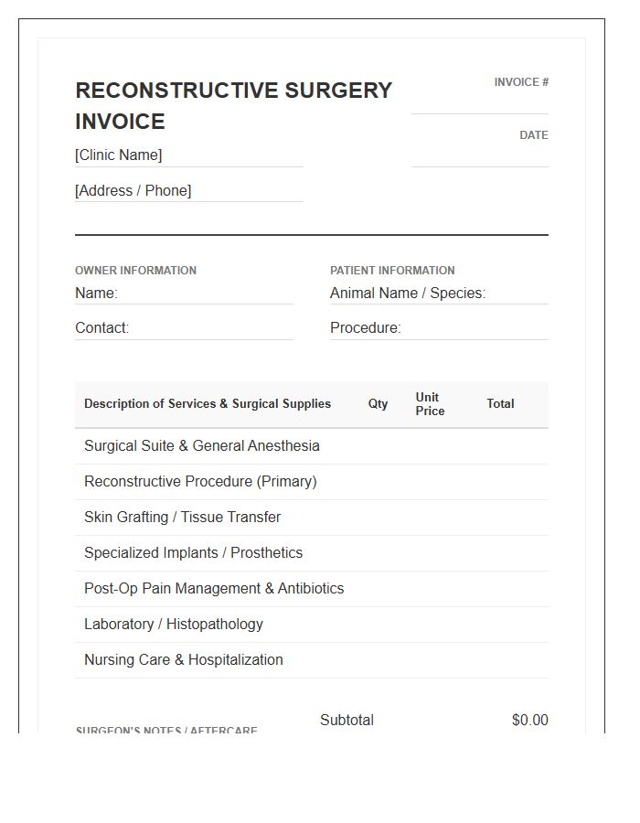 Reconstructive Animal Surgery Invoice Template