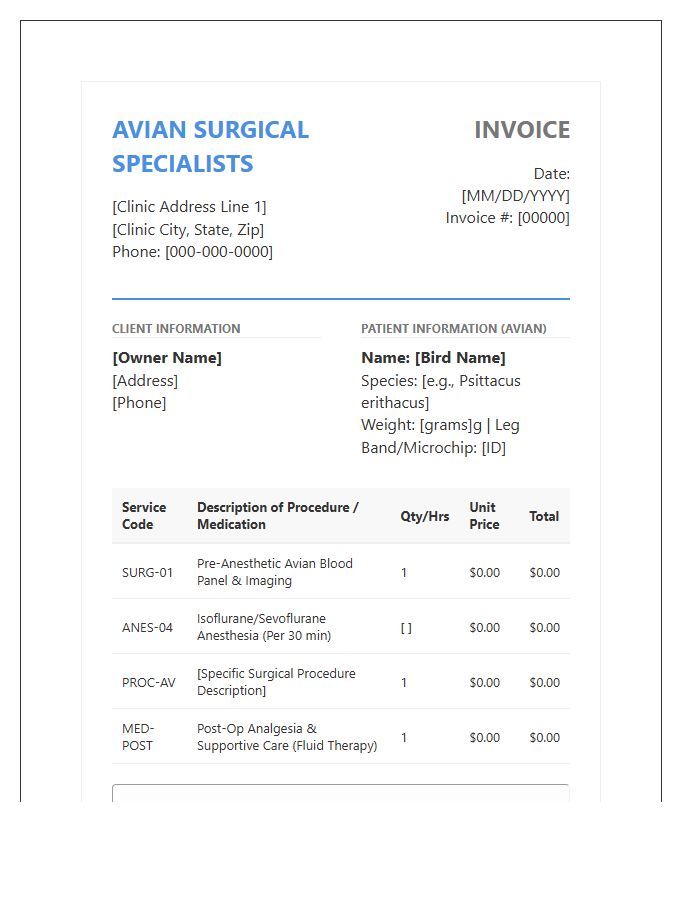 Specialized Avian Surgery Billing Invoice Template