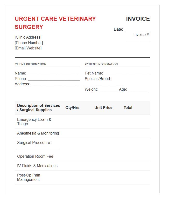 Urgent Care Veterinary Surgery Invoice Template