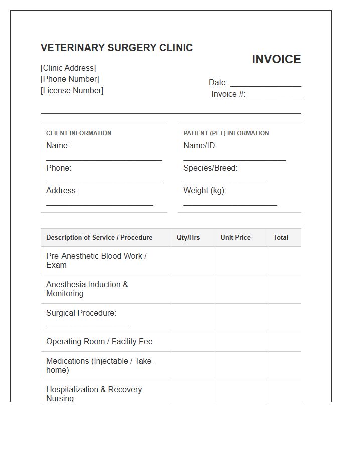 Veterinary Anesthesia And Surgery Invoice Template