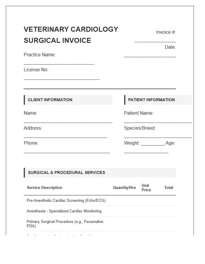 Veterinary Cardiology Surgical Invoice Template