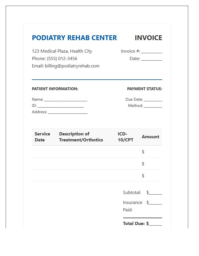 Podiatry Rehabilitation Center Invoice Template