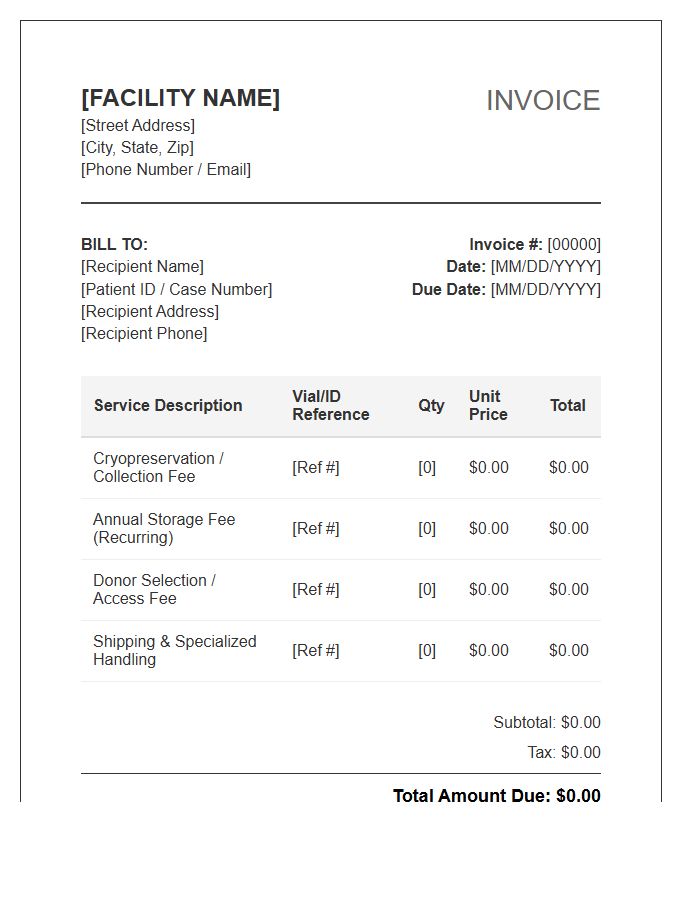 Sperm Bank Facility Invoice Template