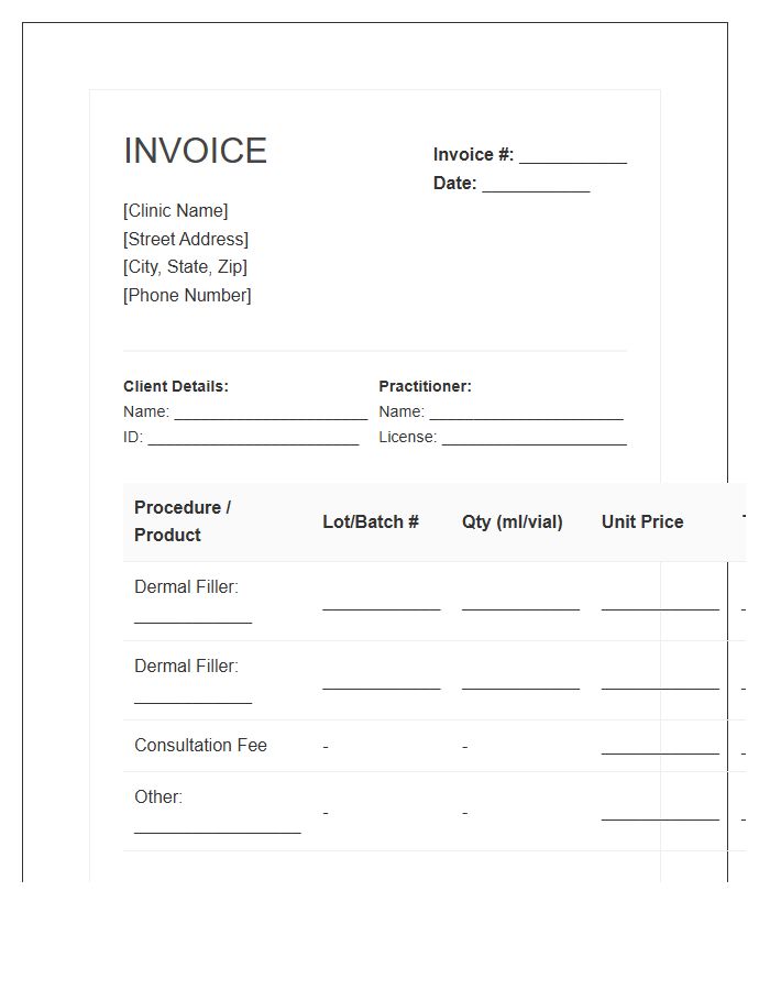 Dermal Filler Procedure Invoice Template
