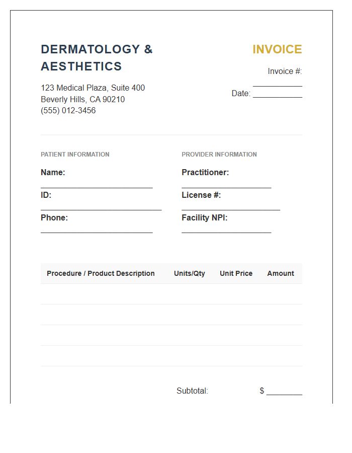 Dermatology Cosmetic Procedure Invoice Template