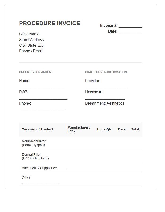 Facial Injectable Procedure Invoice Template