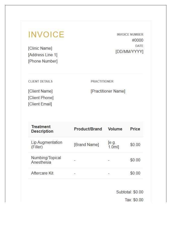 Lip Filler Treatment Invoice Template