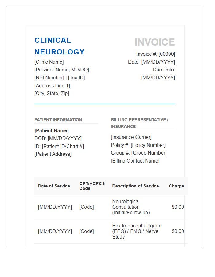 Clinical Neurology Consultation Invoice Template