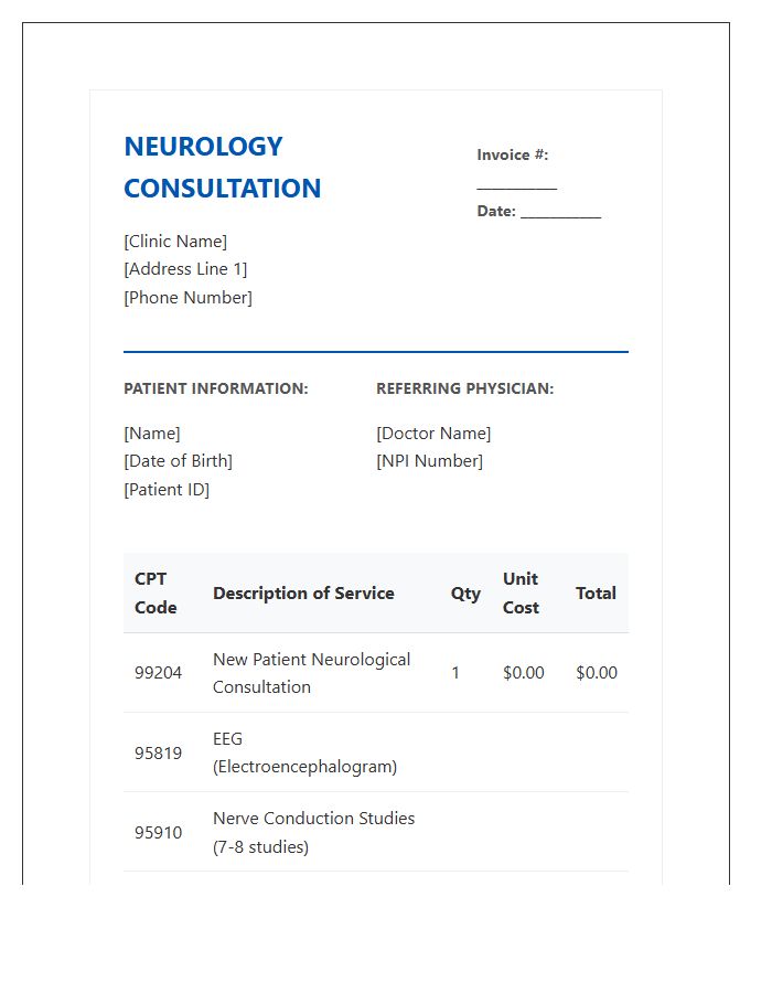Neurology Consultation Medical Invoice Template