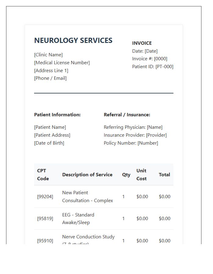 Professional Neurology Consultation Invoice Template