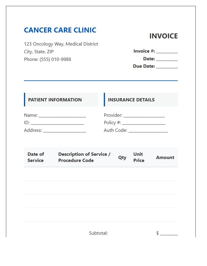 Cancer Care Clinic Service Invoice Template