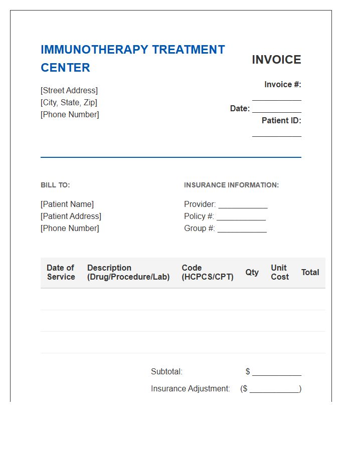 Immunotherapy Treatment Facility Invoice Template