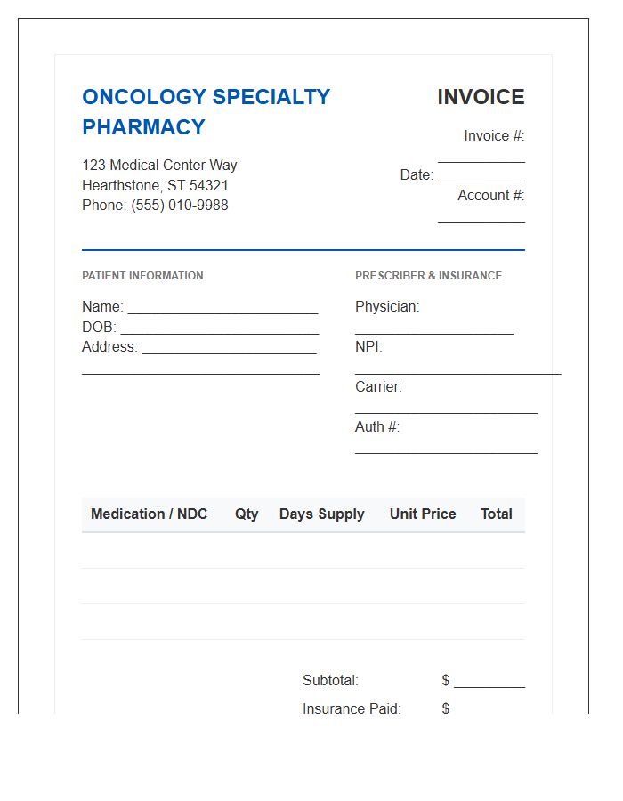 Oncology Pharmacy Medication Invoice Template