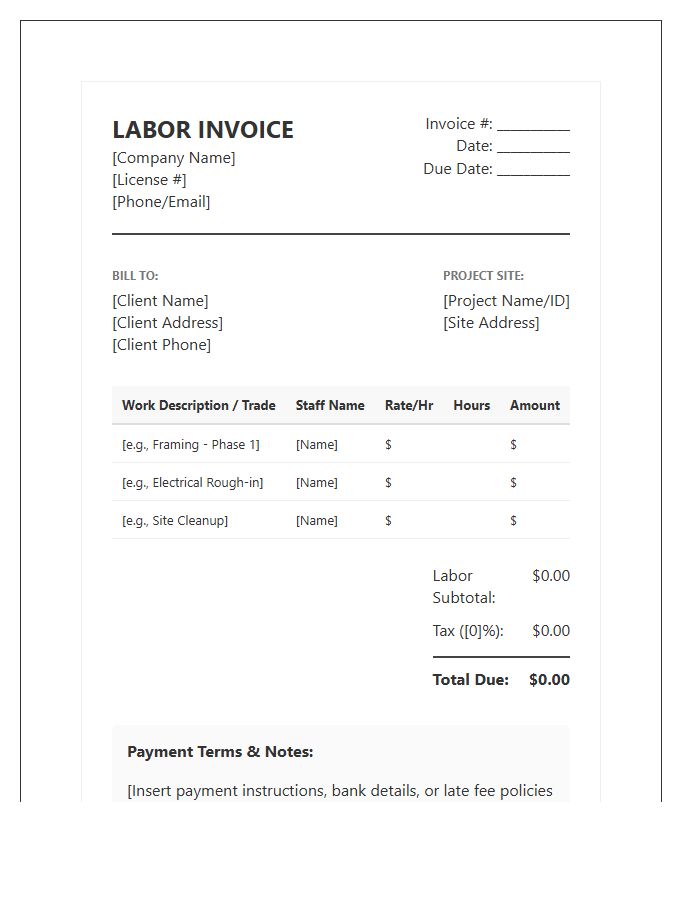 Detailed Construction Labor Invoice Template