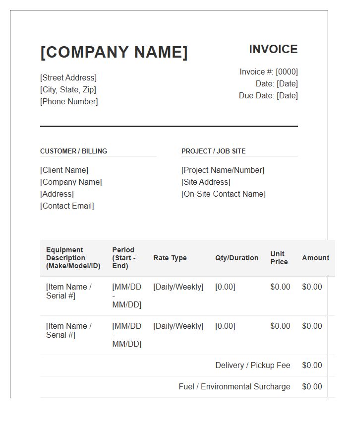 Heavy Equipment Rental Invoice Template