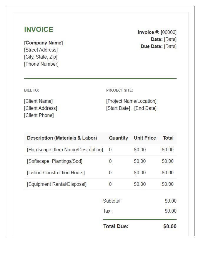 Landscaping Construction Project Invoice Template