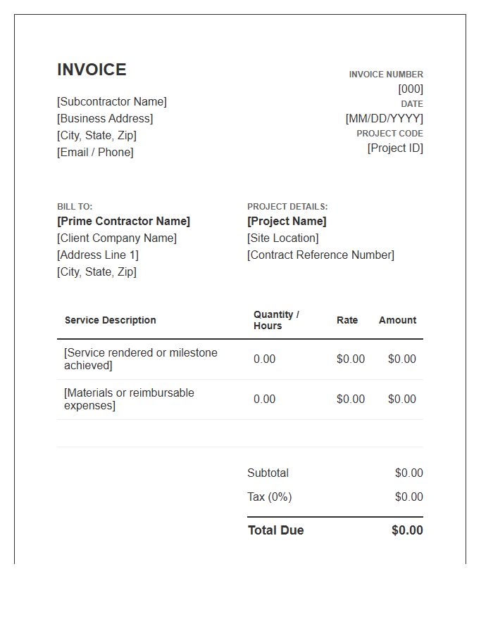 Subcontractor Service Project Invoice Template