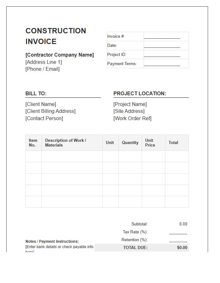 Unit Price Construction Project Invoice Template
