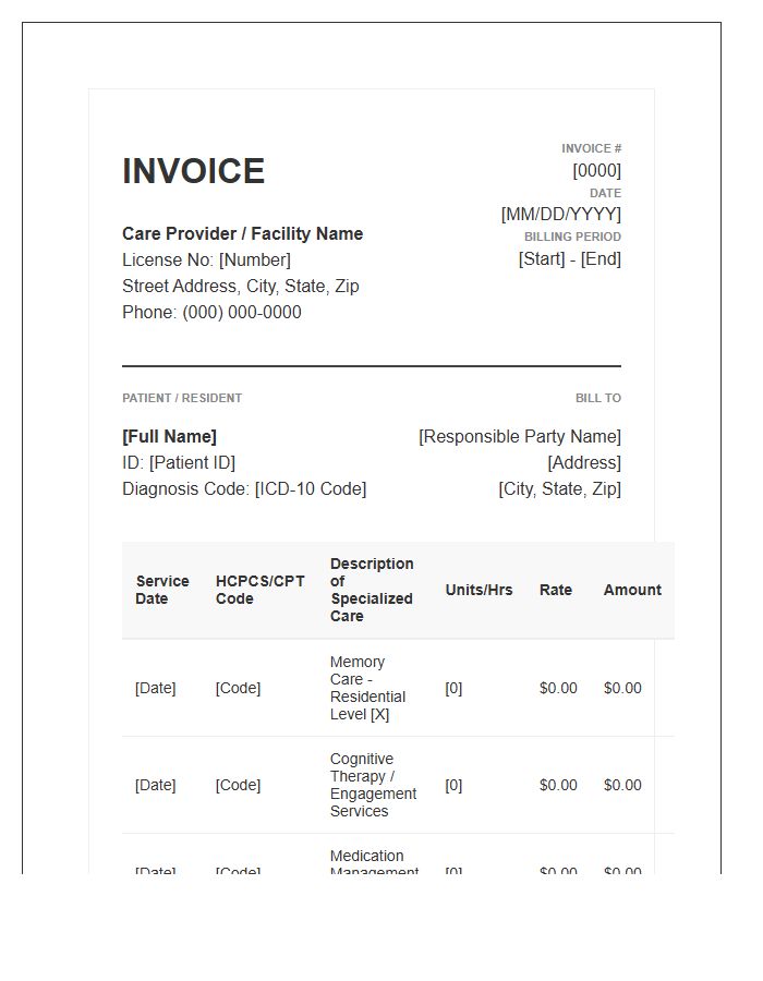 Dementia Care Specialized Billing Invoice Template