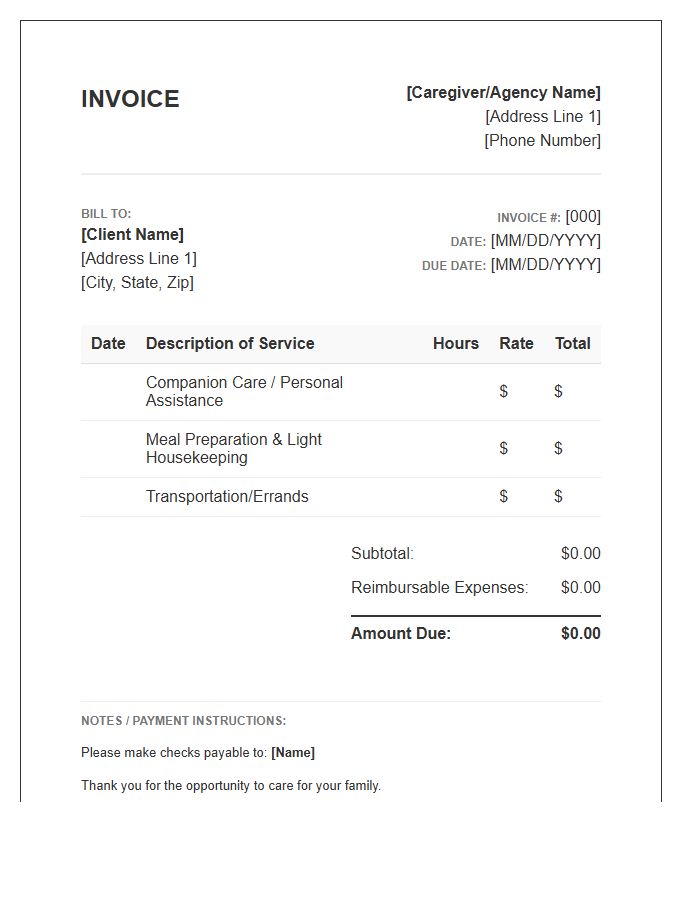 Elderly Companion Care Services Invoice Template