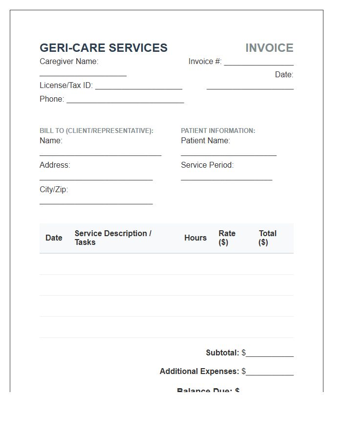 Hourly Geriatric Home Care Invoice Template