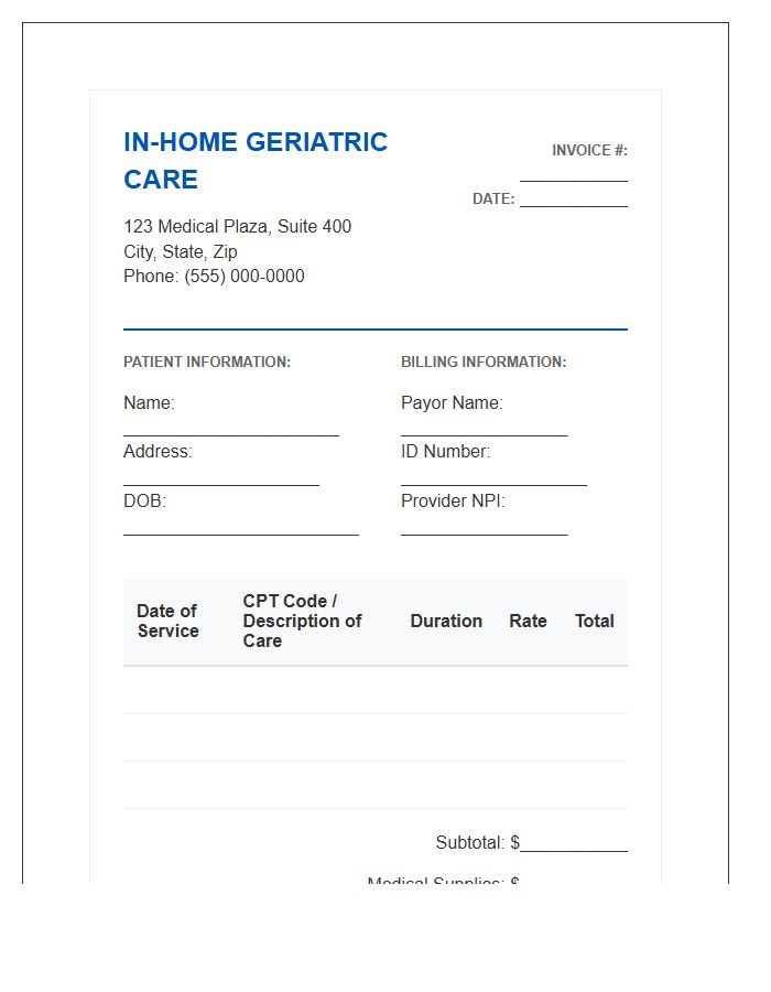 In Home Geriatric Medical Invoice Template