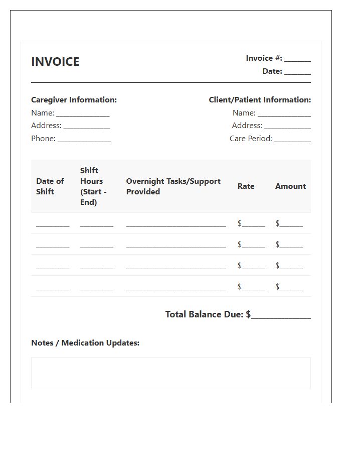 Overnight Senior Care Support Invoice Template
