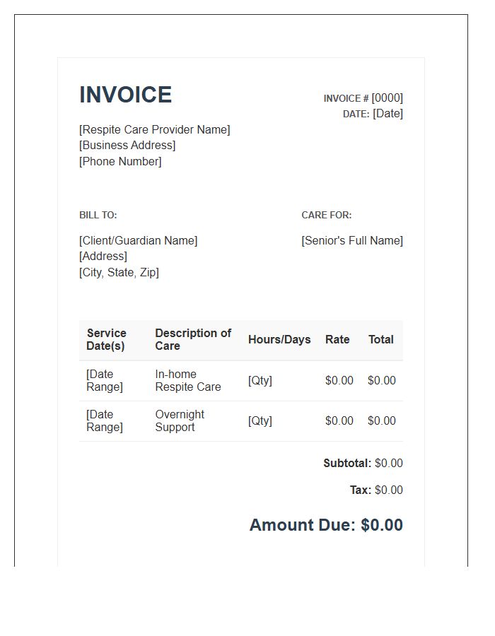 Respite Care For Seniors Invoice Template