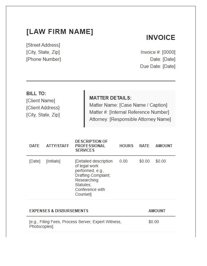 Civil Litigation Firm Billing Invoice Template