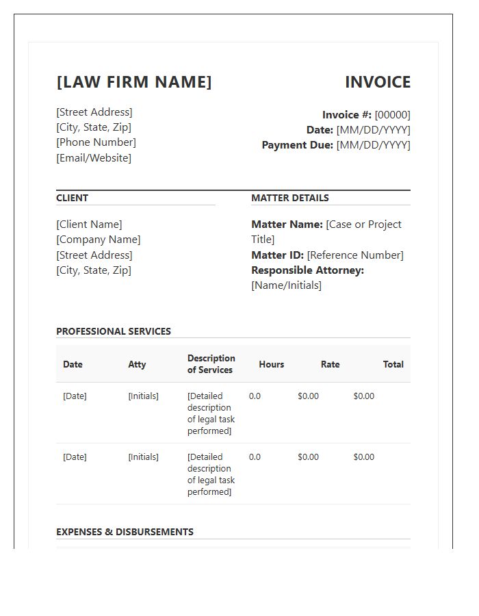 Detailed Attorney Client Matter Invoice Template