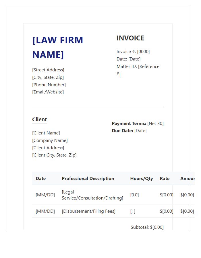 Professional Law Practice Invoice Template