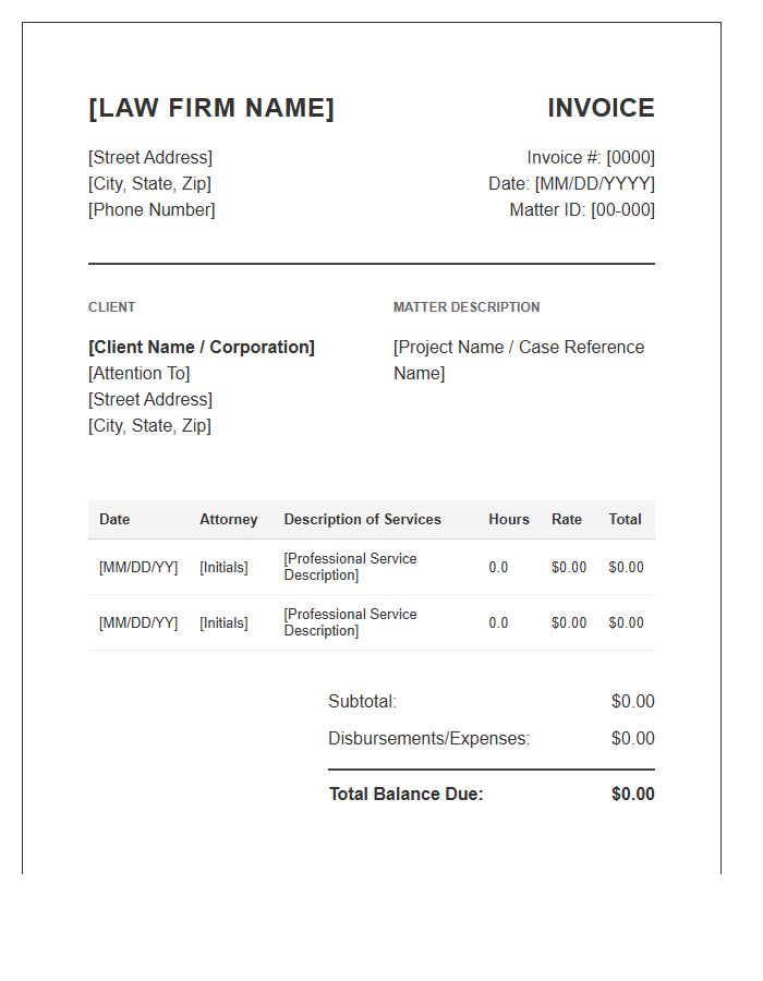 Corporate Attorney Hourly Billing Invoice Template