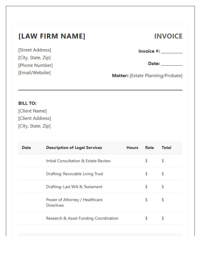 Estate Planning Attorney Hourly Billing Invoice Template