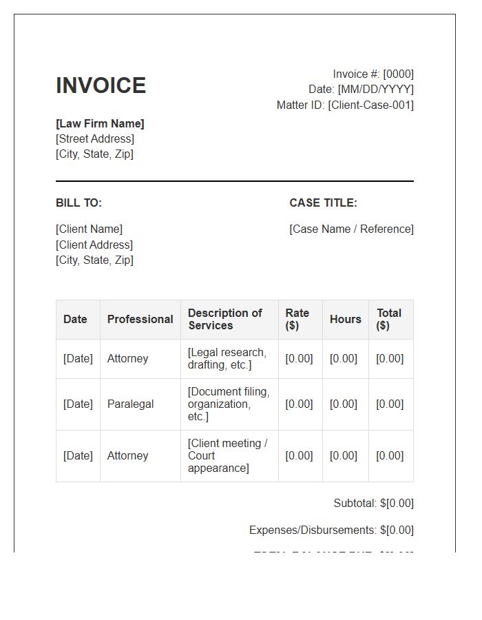 Paralegal And Attorney Hourly Rate Invoice Template