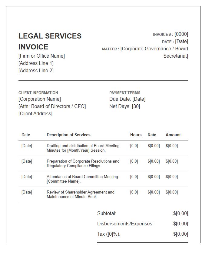 Corporate Board Secretary Legal Invoice Template